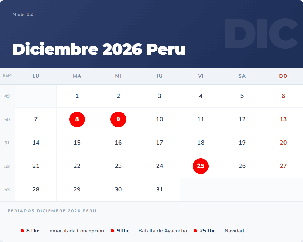 Calendario Diciembre 2026