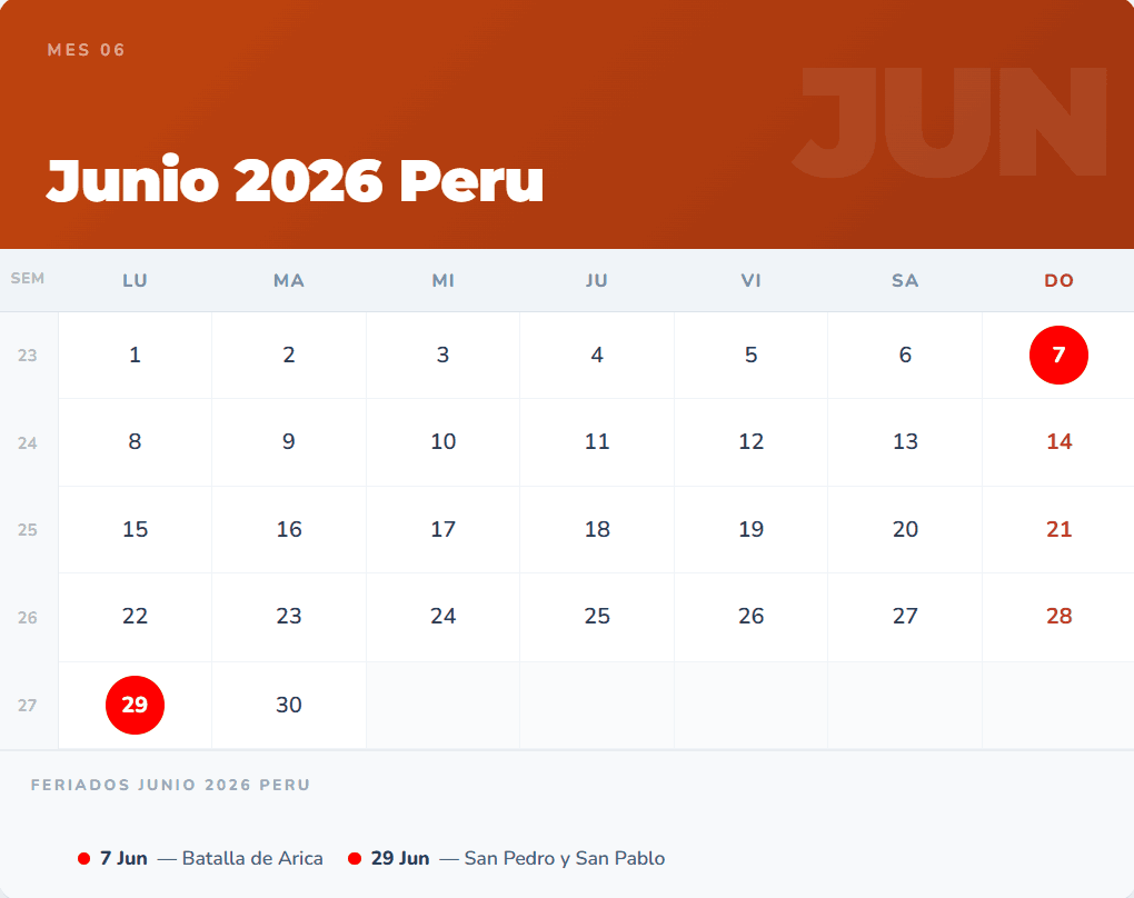 Calendario Junio 2026